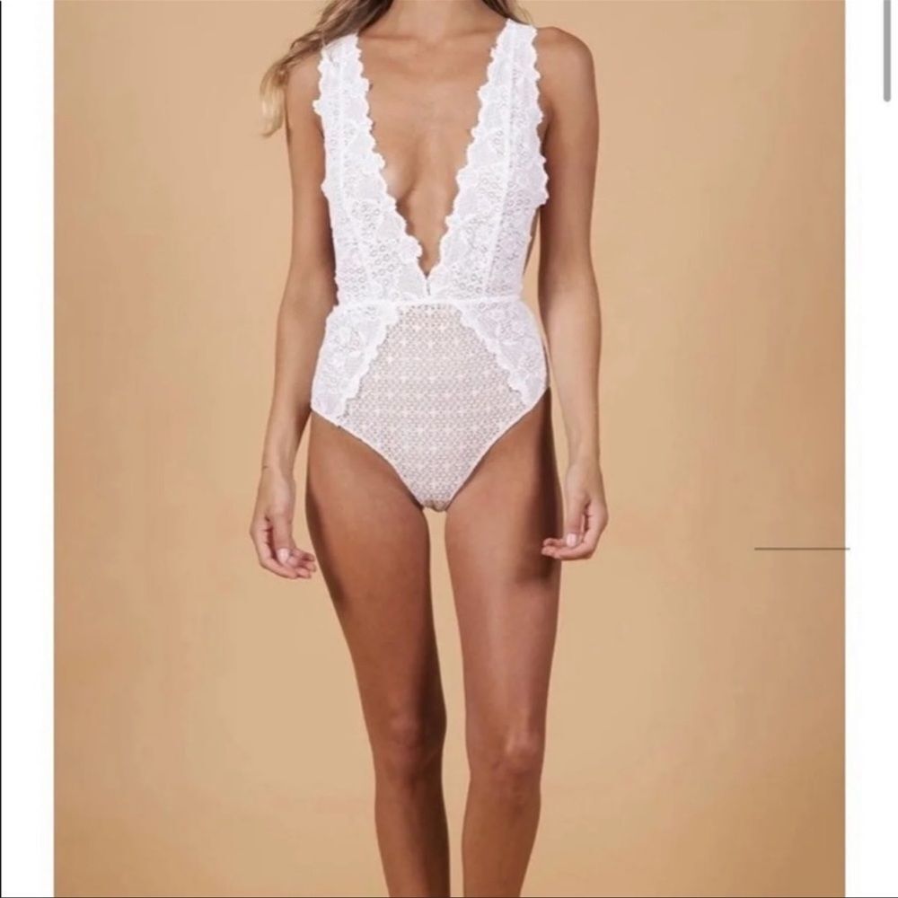 Nightcap Swimwear Dove Net Mesh Lacy Plunge One Piece Bodysuit  size M